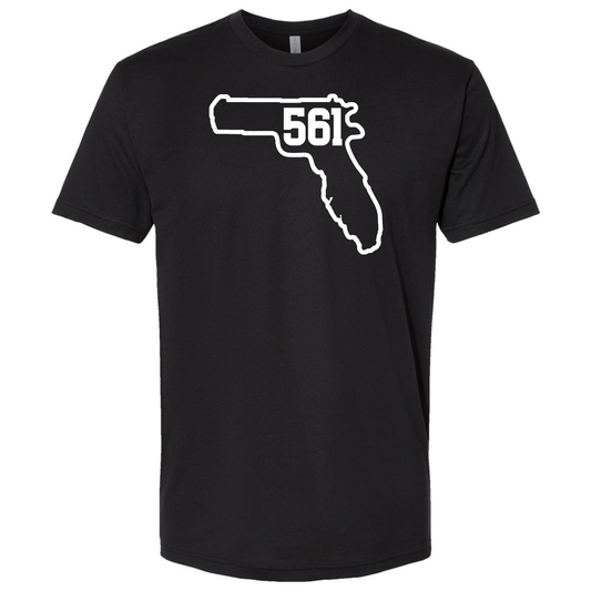 A black modern fit T-shirt with a white Florida state outline featuring the Palm Beach County '561' area code.