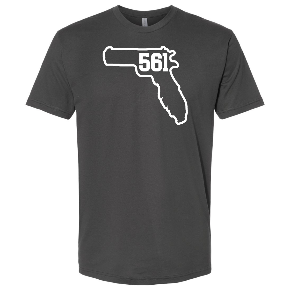 A dark charcoal T-shirt featuring a white Florida gun state graphic with the '561' area code on the chest.