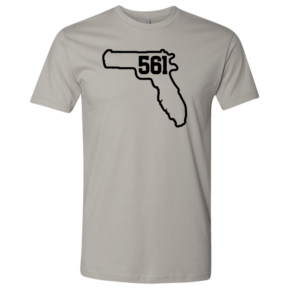A light grey modern fit T-shirt with a black Florida state outline incorporating the '561' Palm Beach County area code.
