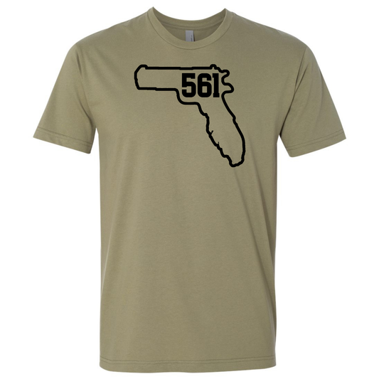 A light olive green T-shirt with a black Florida outline and '561' area code design representing Palm Beach County.