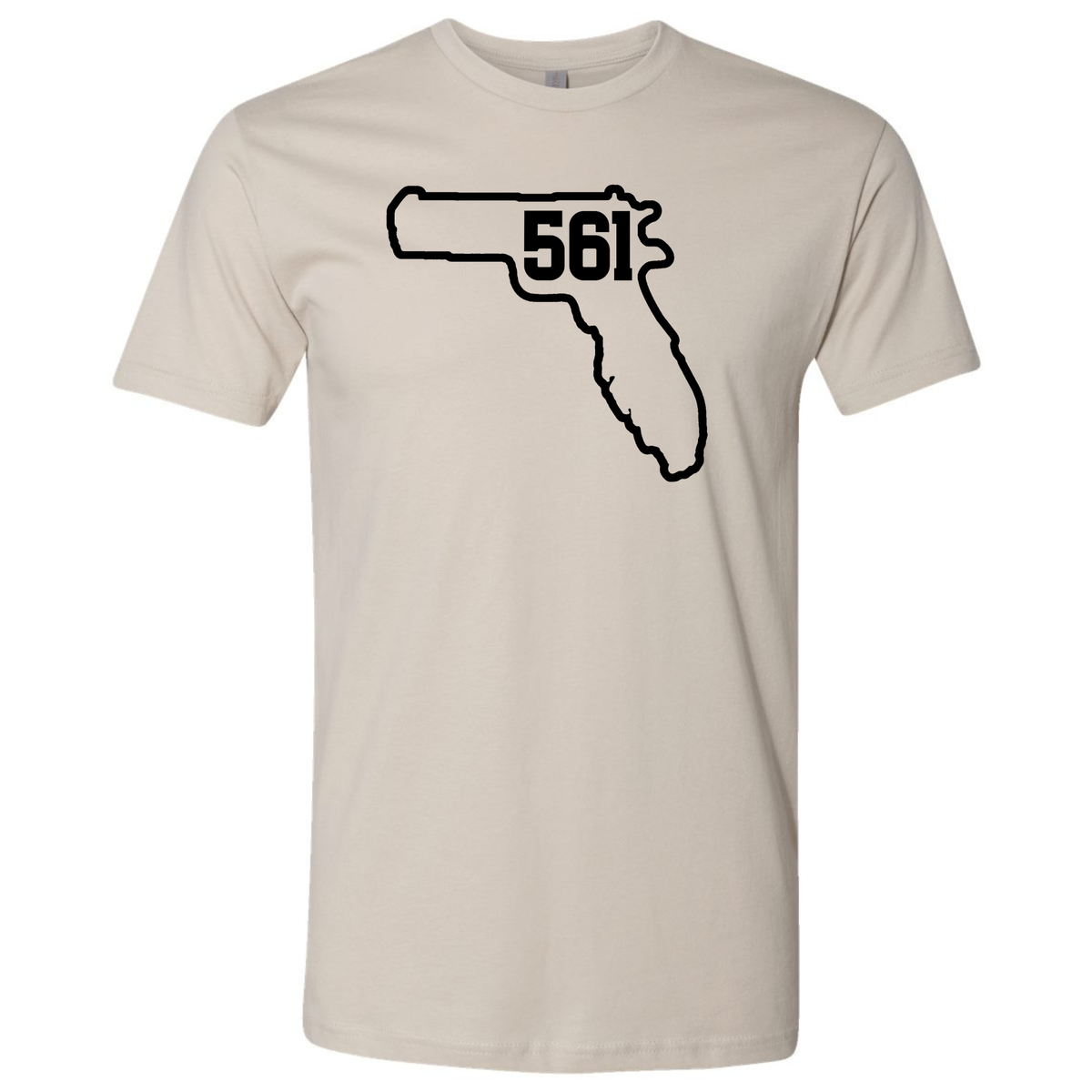 A sand-colored short-sleeve T-shirt featuring a black '561' Florida gun state graphic inspired by South Florida.