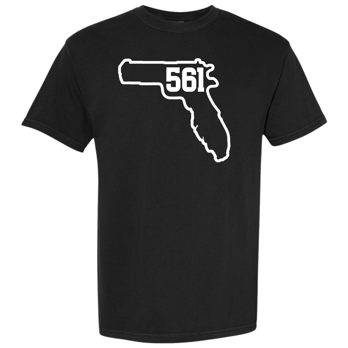 A black short-sleeve crewneck t-shirt featuring a white outline graphic of the state of Florida shaped like a handgun, with the number '561' for Palm Beach County area code, printed inside, shown against a plain white background.