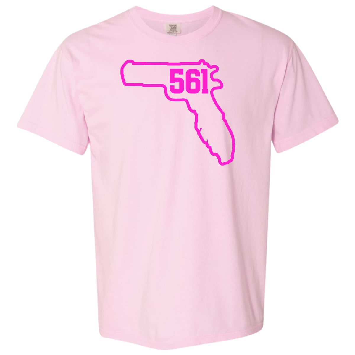 A light pink Blossom short-sleeve crewneck t-shirt featuring a bright pink graphic of the state outline of Florida in the shape of a hand-gun with the text '561' printed inside, displayed on a solid white background.