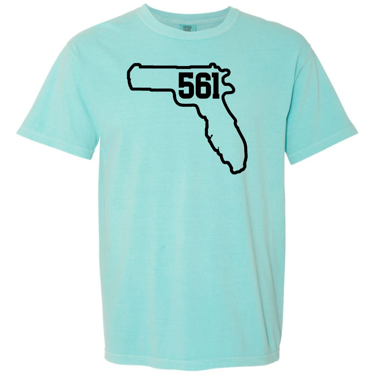 A light aqua blue Chalky Mint short-sleeve t-shirt with a black outline graphic of the state of Florida containing the text '561' on the chest, displayed against a solid white background.