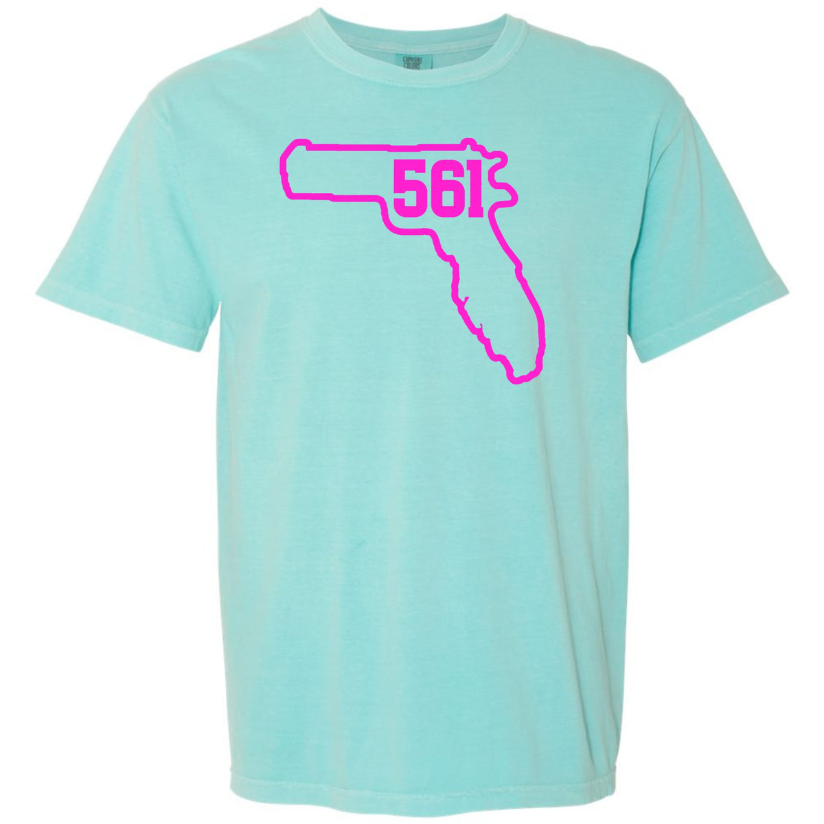 A light aqua Chalky Mint short-sleeve crewneck t-shirt featuring a bright pink graphic of the state outline of Florida with the number '561' printed inside, displayed on a solid white background.