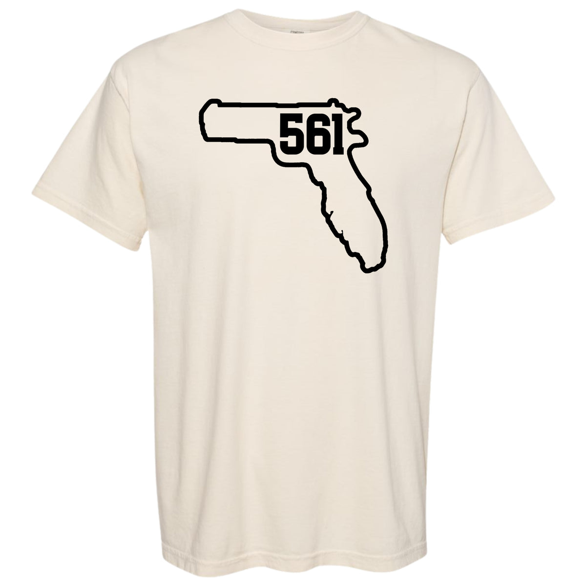 An off-white Ivory short-sleeve crewneck t-shirt featuring a black graphic of the outline of Florida with a handgun silhouette and Palm Beach County area code '561' printed inside, displayed on a solid white background.