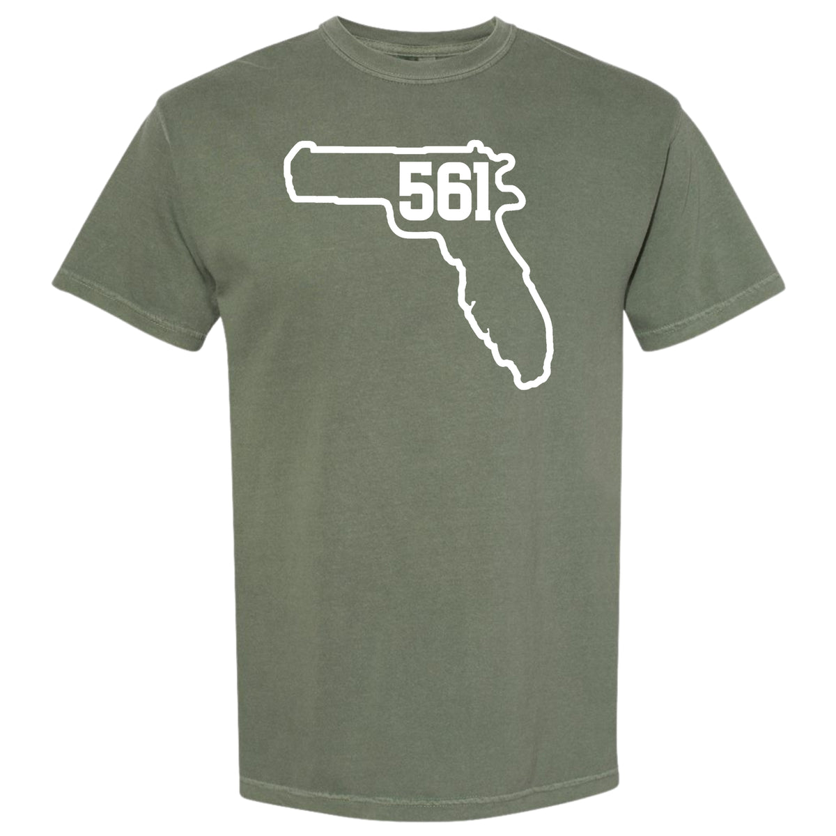 A Moss olive green short-sleeve t-shirt with a white graphic of the Florida state outline containing the text '561' for Palm Beach County area code.