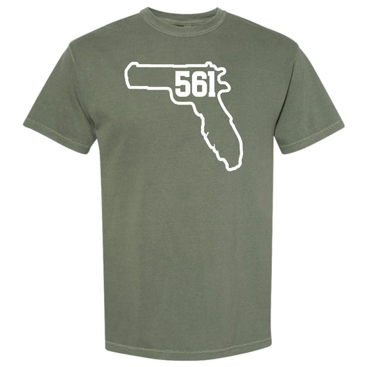 A Moss olive green short-sleeve t-shirt with a white graphic of the Florida state outline containing the text '561' for Palm Beach County area code.