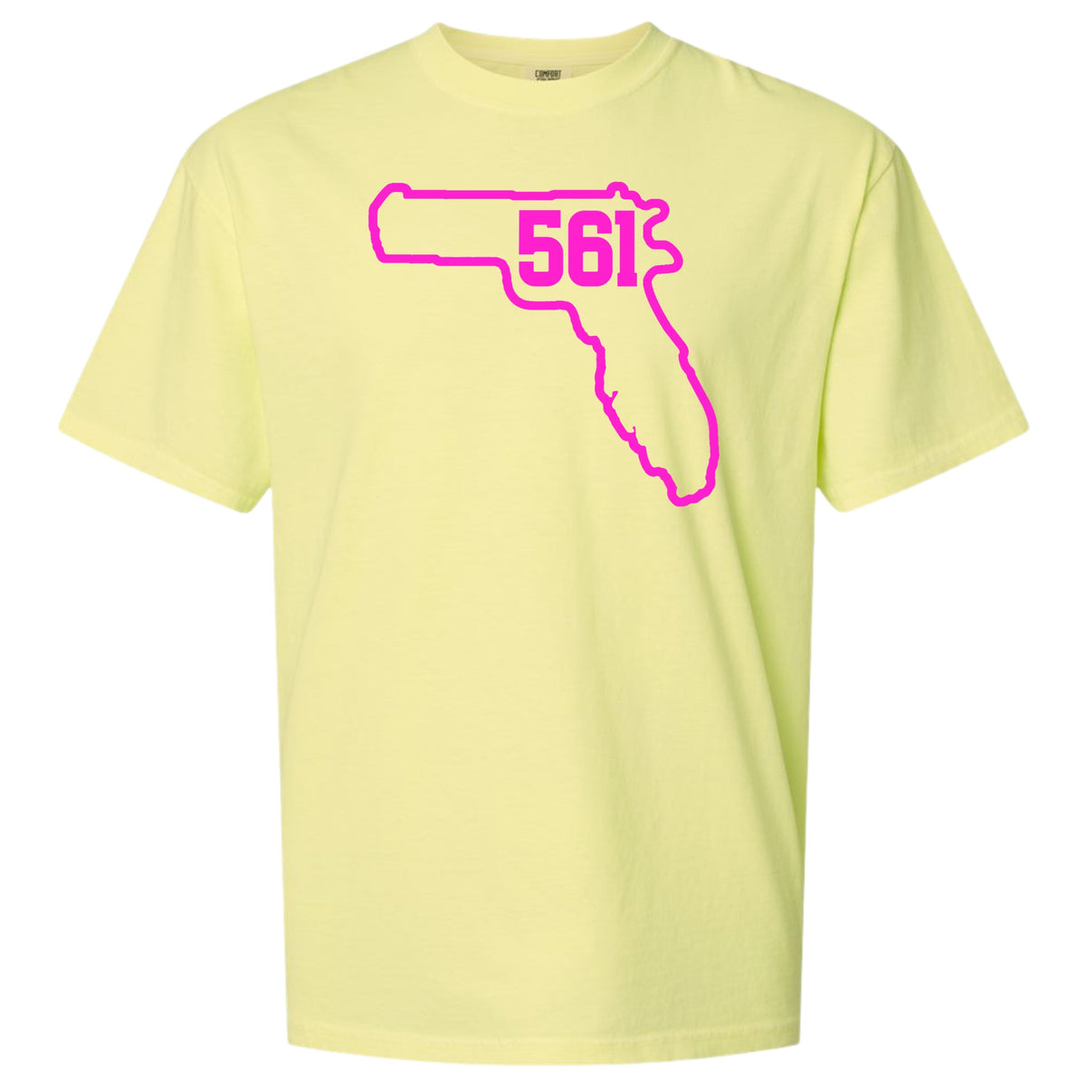 A Neon Lemon yellow short-sleeve crewneck t-shirt featuring a bright pink outline of the state of Florida with the number '561' for Palm Beach County area code printed inside, displayed on a solid white background.