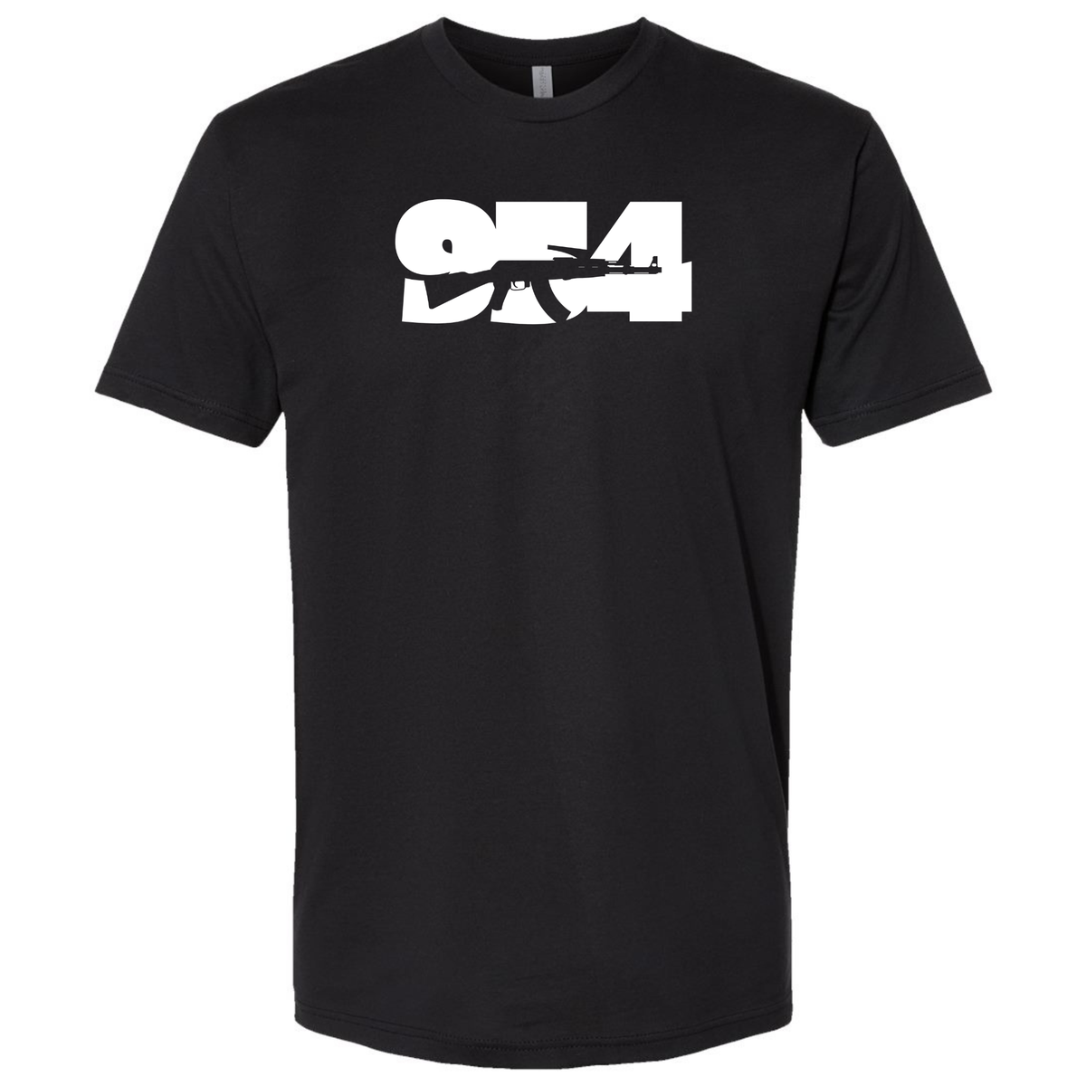 A black short-sleeve T-shirt featuring a white '954 AK-47' graphic representing Fort Lauderdale and South Florida gun culture.