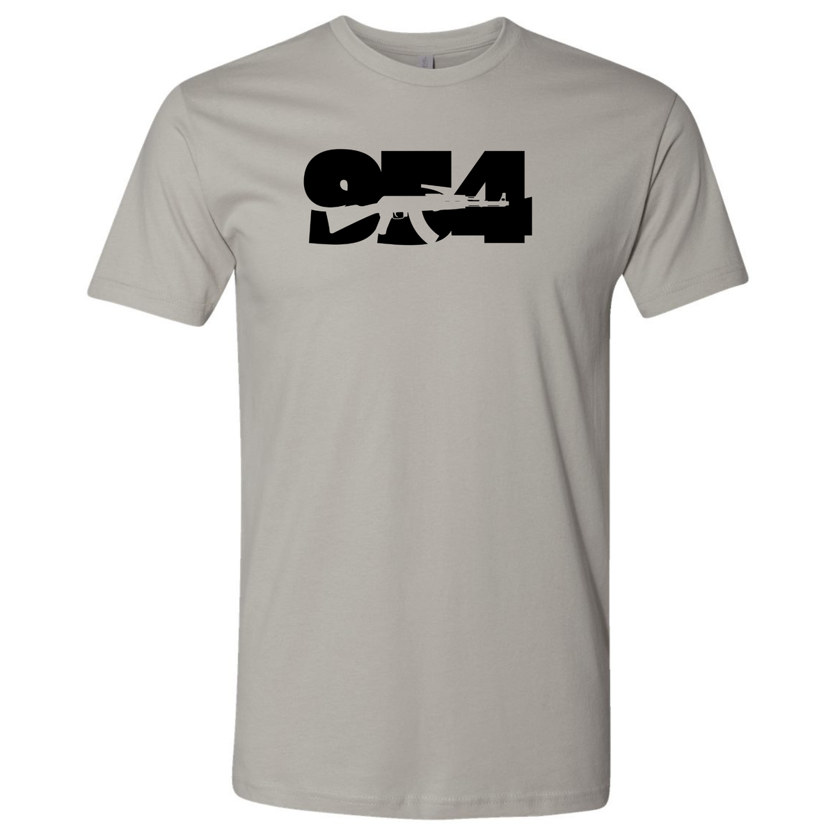 A light grey modern fit T-shirt featuring a black 'AK-47' graphic incorporated into the Fort Lauderdale '954' area code.