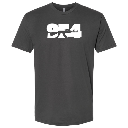 A dark charcoal T-shirt with a bold white '954 AK-47' design across the chest.