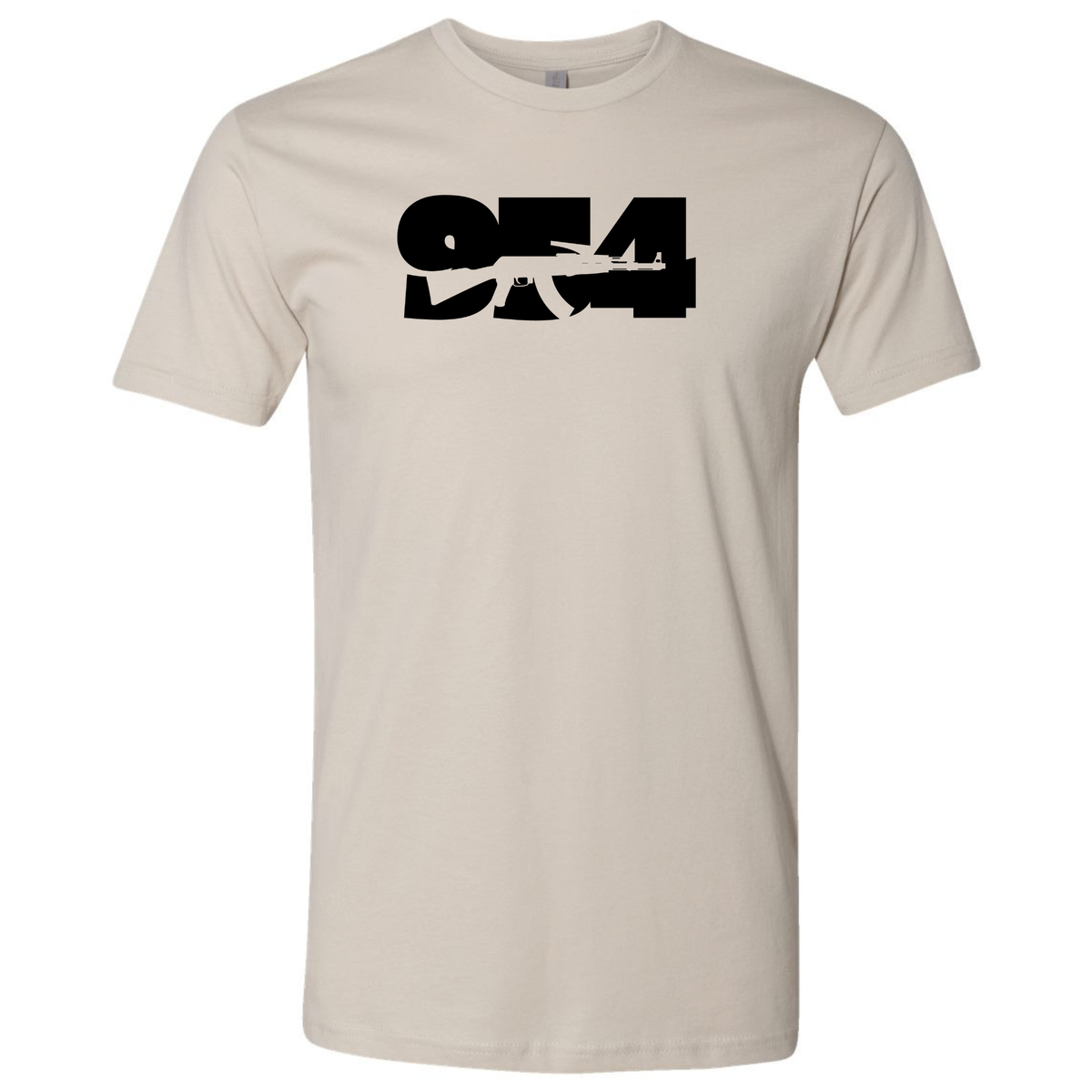 A sand-colored short-sleeve T-shirt with a black '954' rifle graphic inspired by South Florida gun culture.