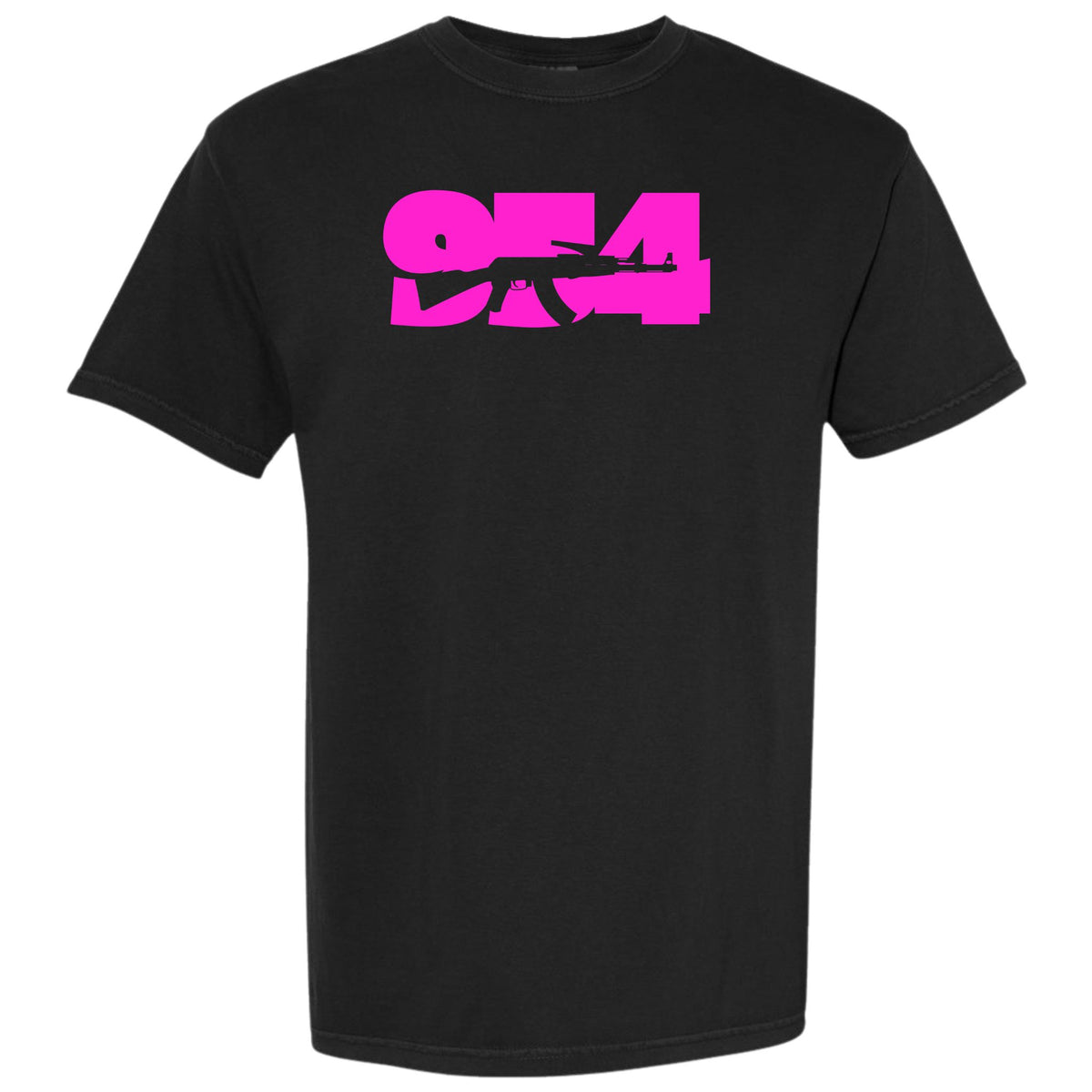 A black short-sleeve crewneck t-shirt featuring a bright pink graphic on the chest that reads '954' Fort Lauderdale area code with a rifle silhouette integrated into the design, shown against a plain white background.