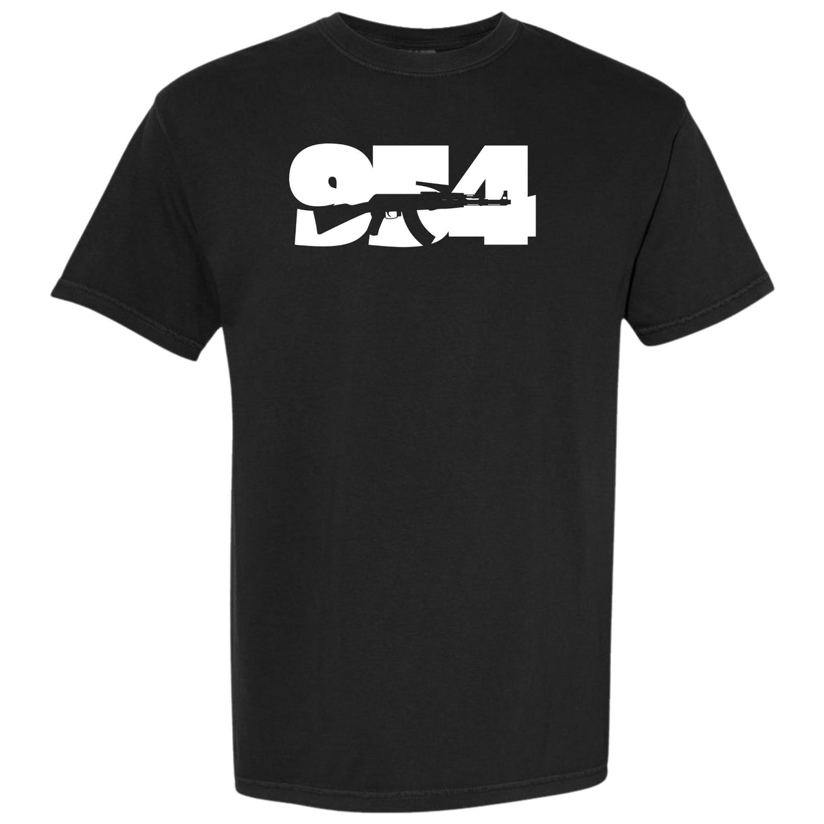 A black short-sleeve crewneck t-shirt featuring a bold white graphic print on the chest with the numbers '954' Fort Lauderdale area code and a rifle silhouette.