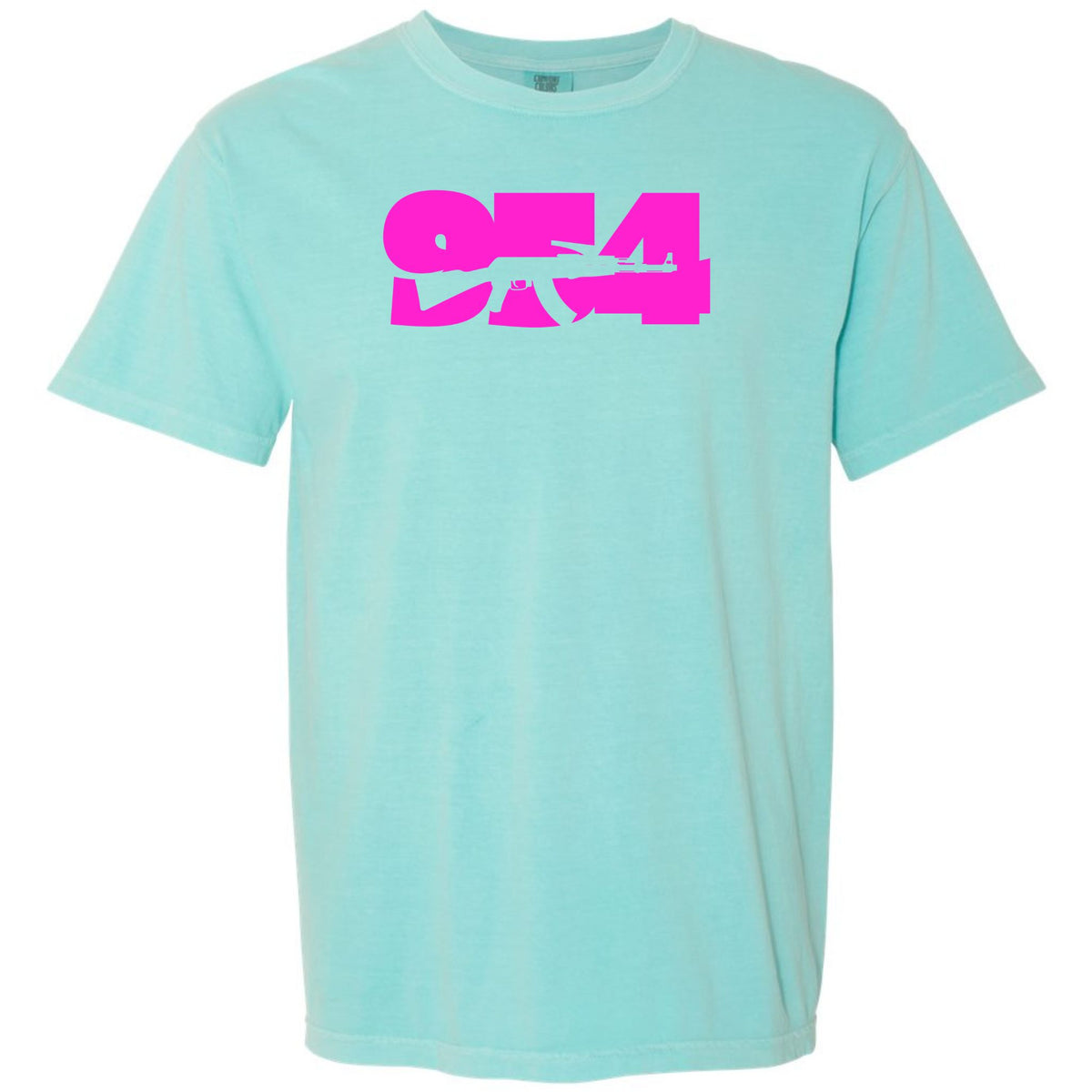A light aqua blue  chalky mint short-sleeve crewneck t-shirt featuring a bold hot pink graphic of the numbers '954' Fort Lauderdale area code and an AK-47 rifle silhouette across the chest, displayed on a clean white background.