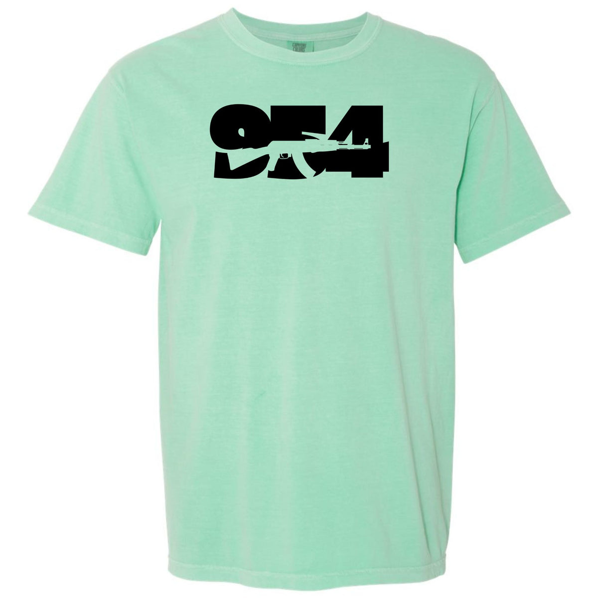 An island reef green short-sleeve crewneck t-shirt featuring a bold black graphic print of the numbers '954' Fort Lauderdale area code on the chest with a silhouette of an AK-47 rifle, displayed against a solid white background.