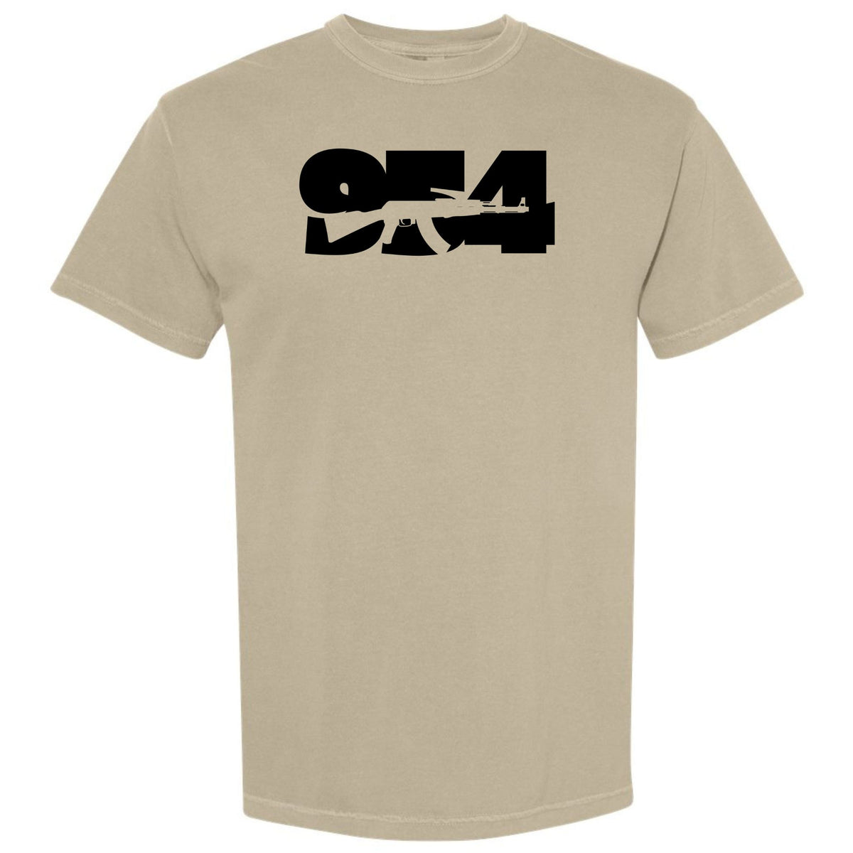 A beige khaki short-sleeve crewneck t-shirt featuring a bold black graphic print on the chest that reads '954' Fort Lauderdale area code with a rifle silhouette integrated into the design.