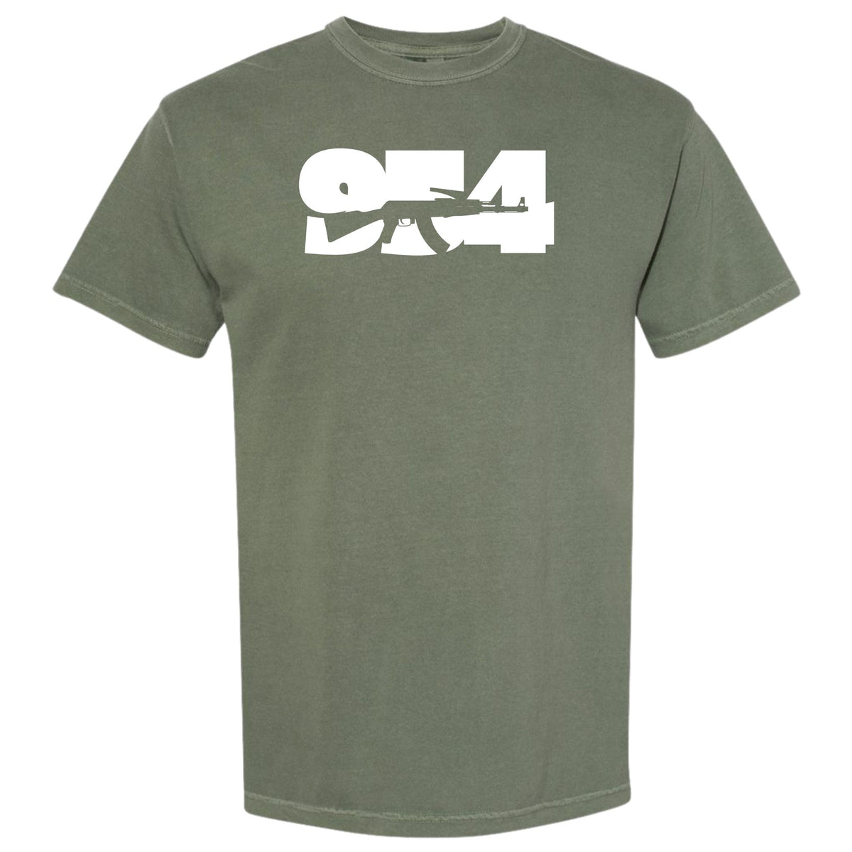 An olive green moss short-sleeve crewneck t-shirt featuring a bold white graphic print on the chest with the numbers '954' Fort Lauderdale area code and a silhouette of an AK-47 rifle.