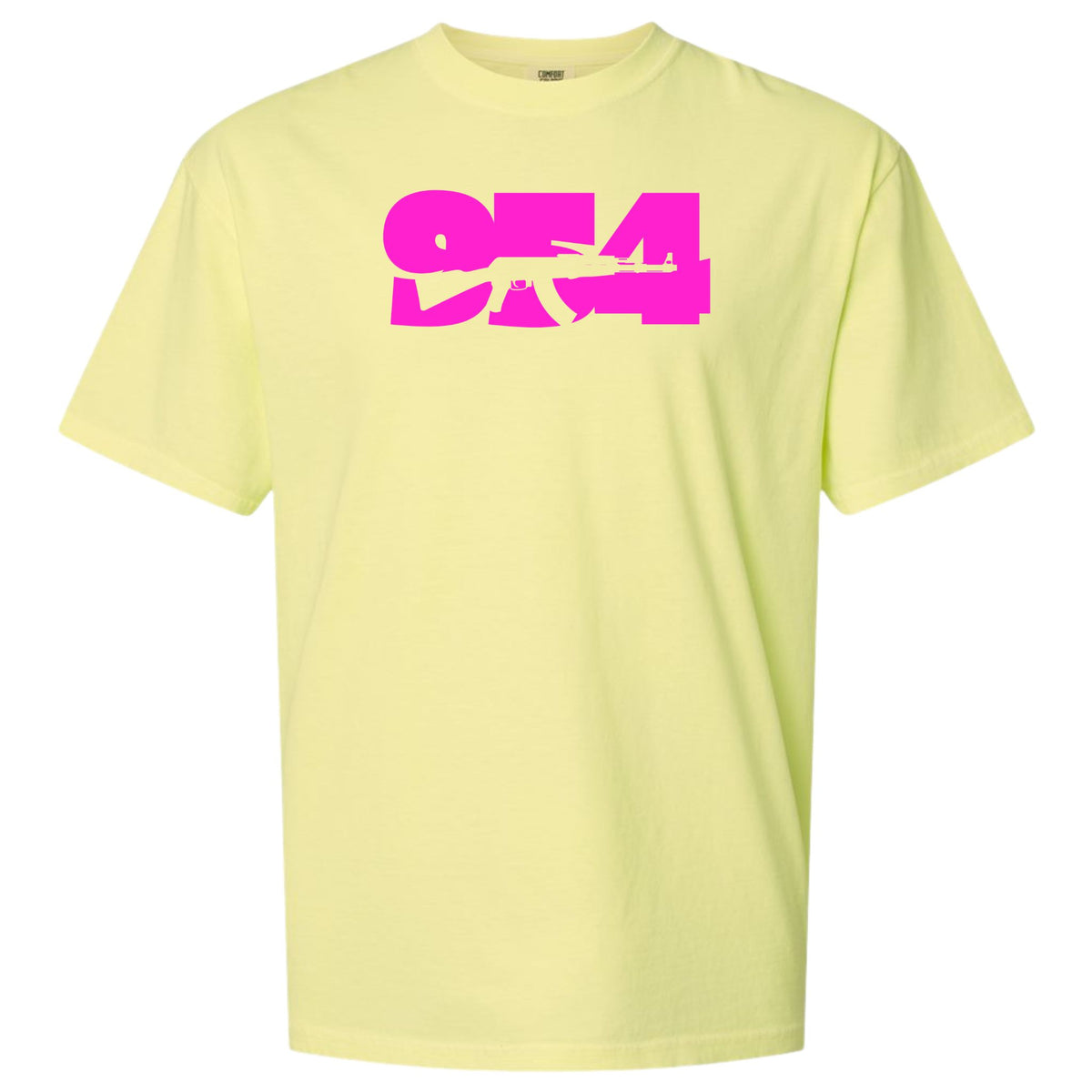 A neon lemon yellow short-sleeve crewneck t-shirt featuring a bold, bright pink graphic print of the numbers '954' Fort Lauderdale area code and a silhouette of an AK-47 rifle across the chest, displayed on a clean white background.
