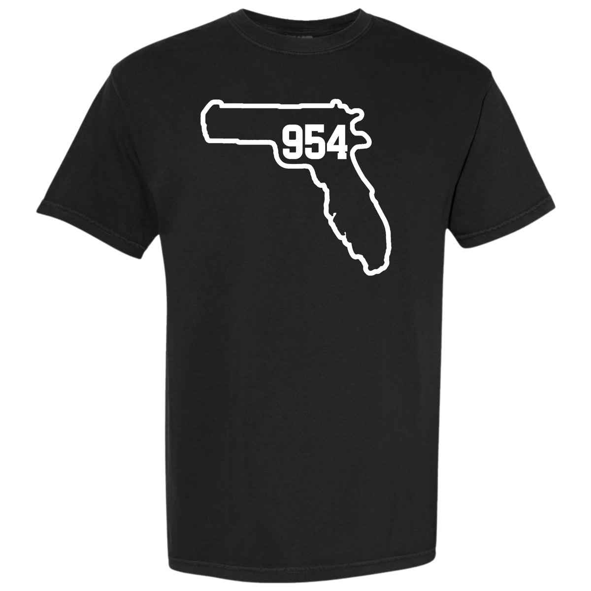 A black short-sleeve crewneck t-shirt featuring a white graphic outline of the state of Florida, with a handgun silhouette integrated into the design and Fort Lauderdale area code '954' printed inside.