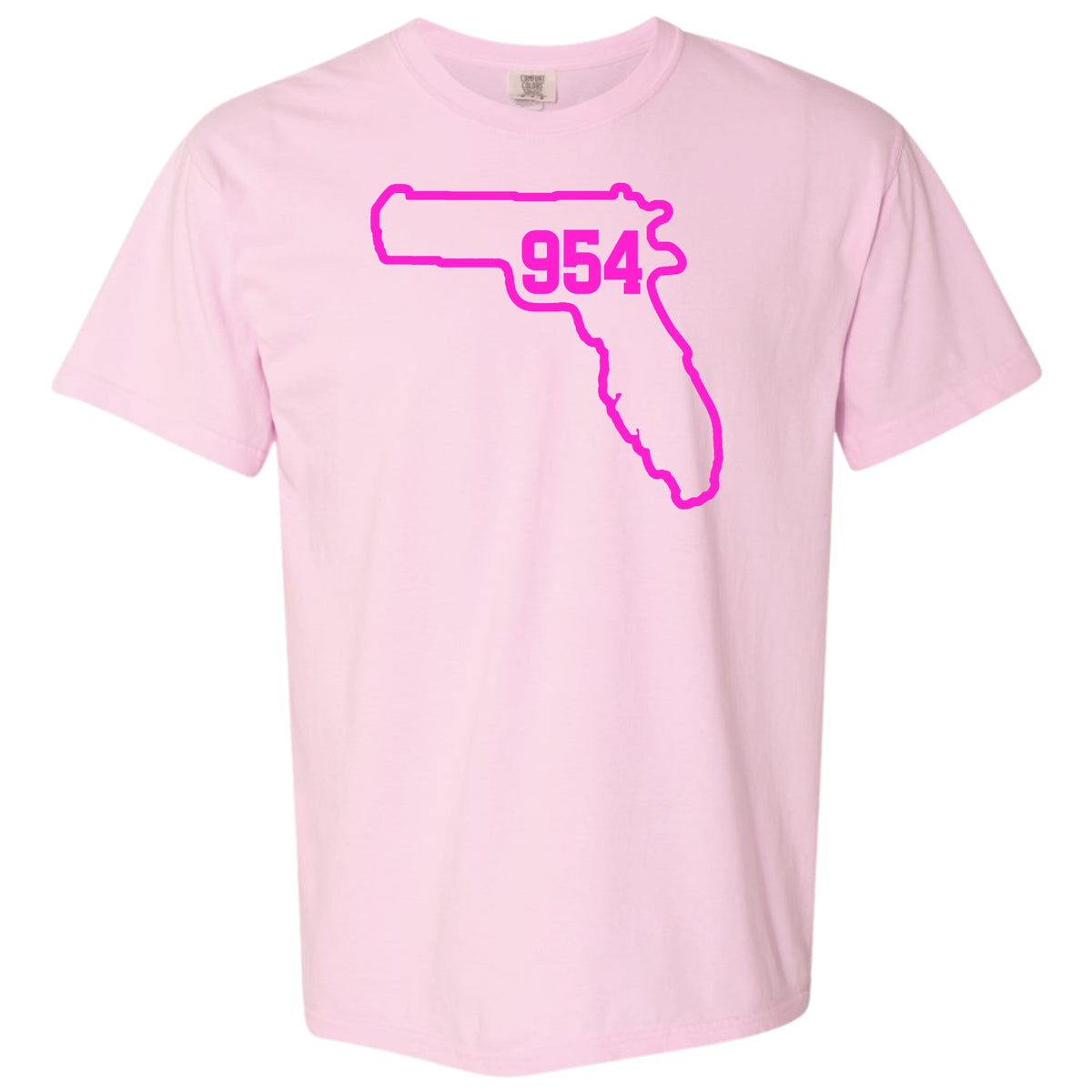 A light pink Blossom short-sleeve crewneck t-shirt featuring a bright pink graphic of the state outline of Florida with Fort Lauderdale area code '954' printed inside, displayed on a solid white background.