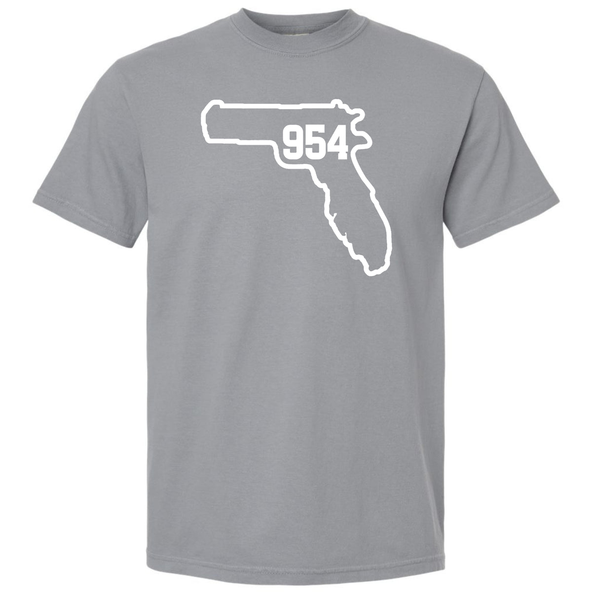 A granite gray short-sleeve crewneck t-shirt featuring a white graphic of the state outline of Florida with Fort Lauderdale area code '954' printed inside, displayed on a solid white background.
