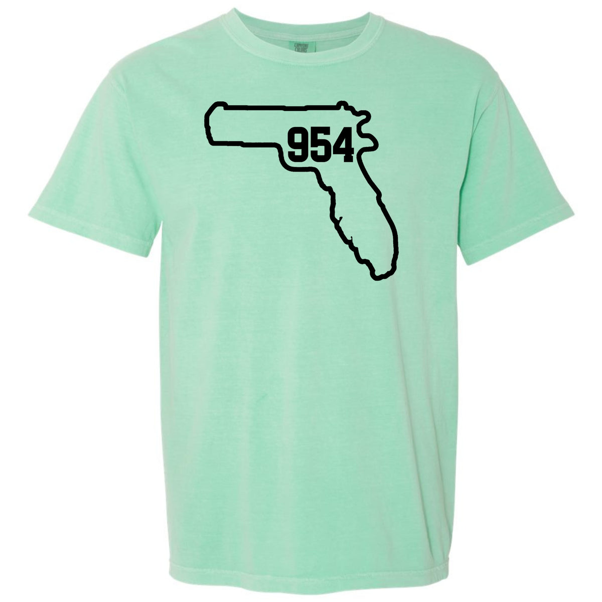 An Island Reef green short-sleeve t-shirt with a black graphic of the state outline of Florida containing Fort Lauderdale area code '954' on the chest, displayed against a solid white background.