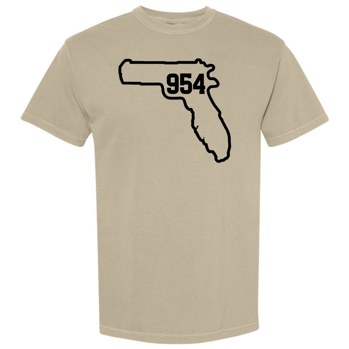 A beige Khaki crewneck t-shirt featuring a black outline graphic of the state of Florida with Fort Lauderdale area code '954' printed inside, displayed on a solid white background.