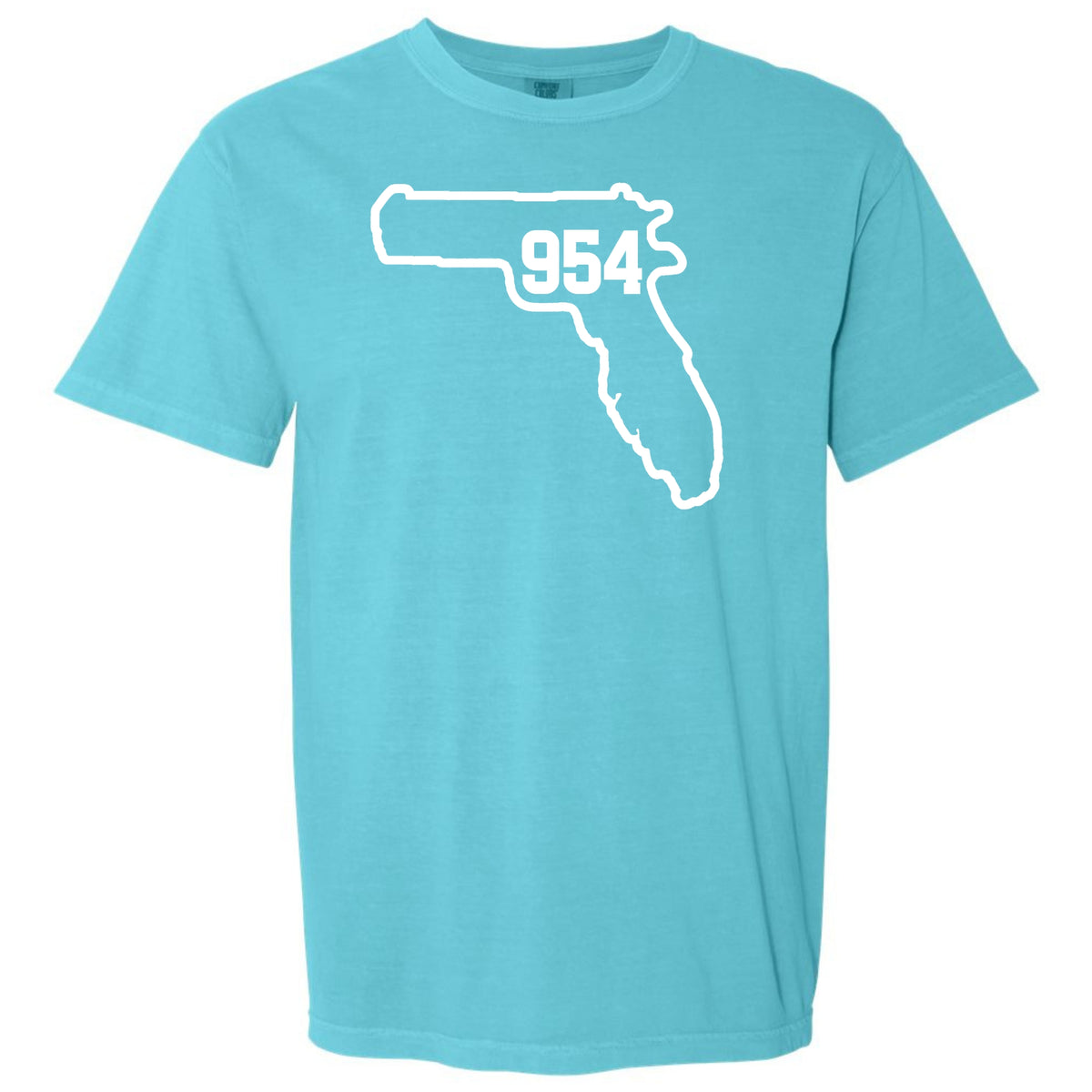 A turquoise Lagoon blue short-sleeve crewneck t-shirt featuring a white graphic outline of the state of Florida with Fort Lauderdale area code '954' printed inside, displayed on a solid white background.