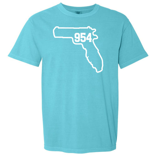 A turquoise Lagoon blue short-sleeve crewneck t-shirt featuring a white graphic outline of the state of Florida with Fort Lauderdale area code '954' printed inside, displayed on a solid white background.