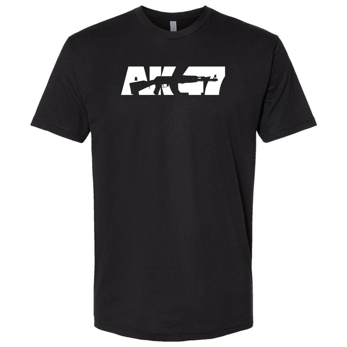 A black short-sleeve T-shirt featuring a white 'AK-47' rifle graphic across the chest.