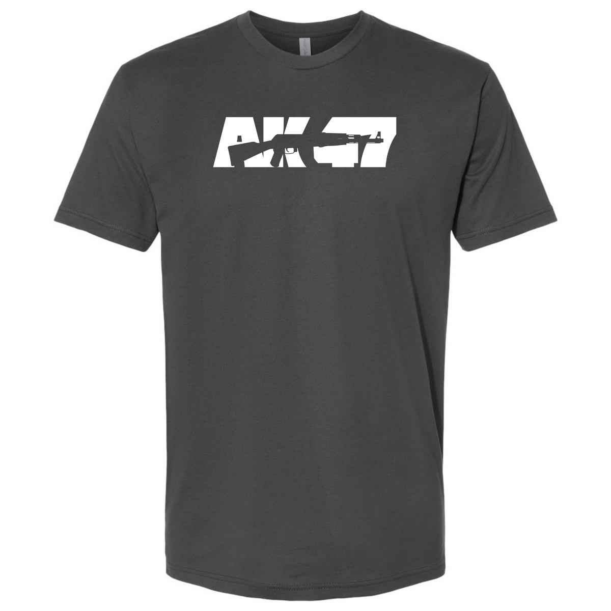 A dark charcoal modern fit T-shirt with a bold white 'AK-47' silhouette on the front.