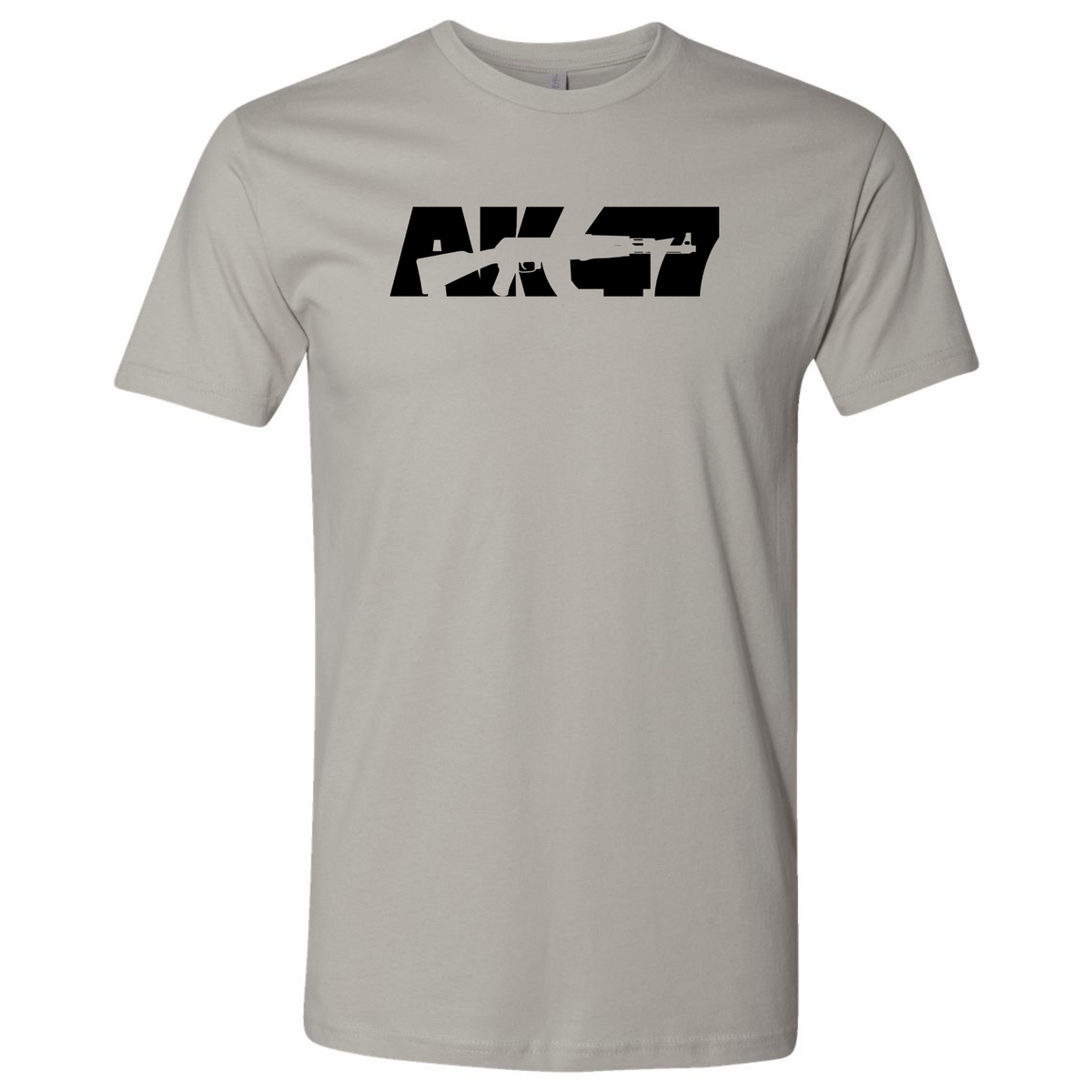 A light grey short-sleeve T-shirt with a black 'AK-47' graphic across the chest.