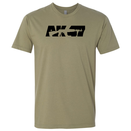 A light grey short-sleeve T-shirt with a black 'AK-47' graphic across the chest.