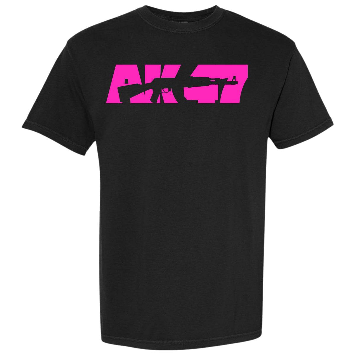 A black short-sleeve crewneck t-shirt featuring a hot pink graphic on the chest with the text 'AK-47' in a bold stencil font and a black rifle silhouette overlaid.