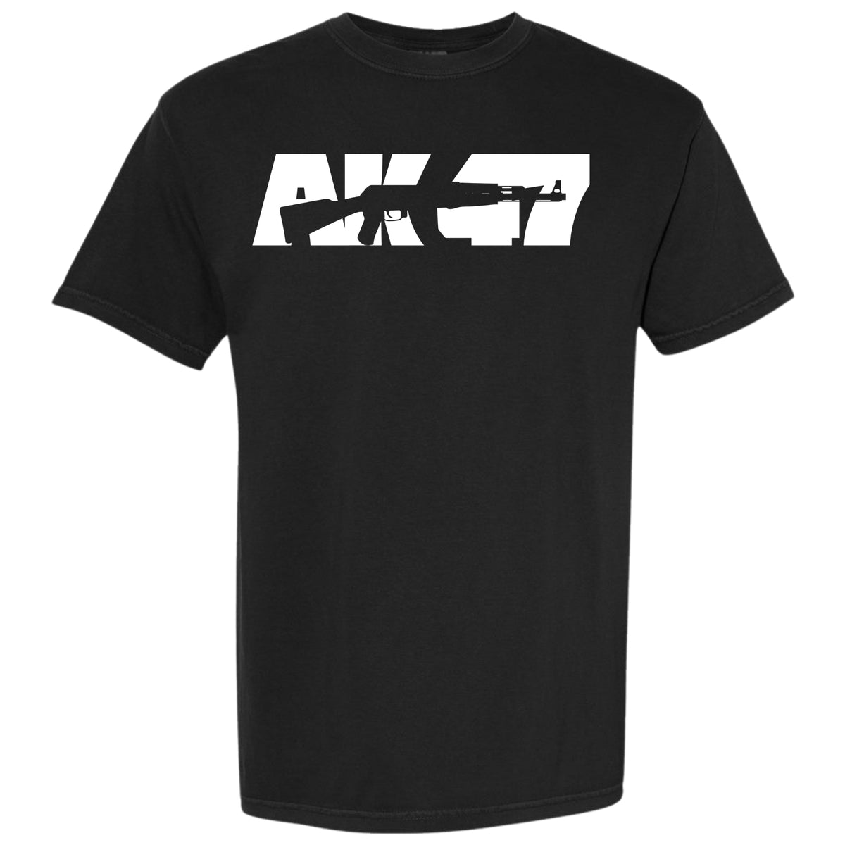 A black short-sleeve crewneck t-shirt featuring a bold white graphic print on the chest with a rifle silhouette and the letters 'AK-47'.