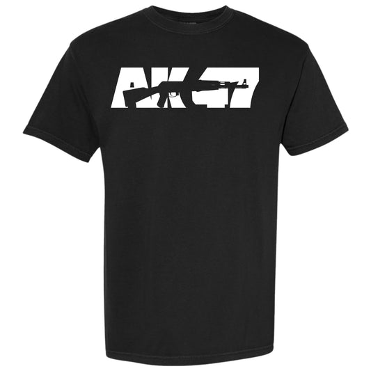 A black short-sleeve crewneck t-shirt featuring a bold white graphic print on the chest with a rifle silhouette and the letters 'AK-47'.