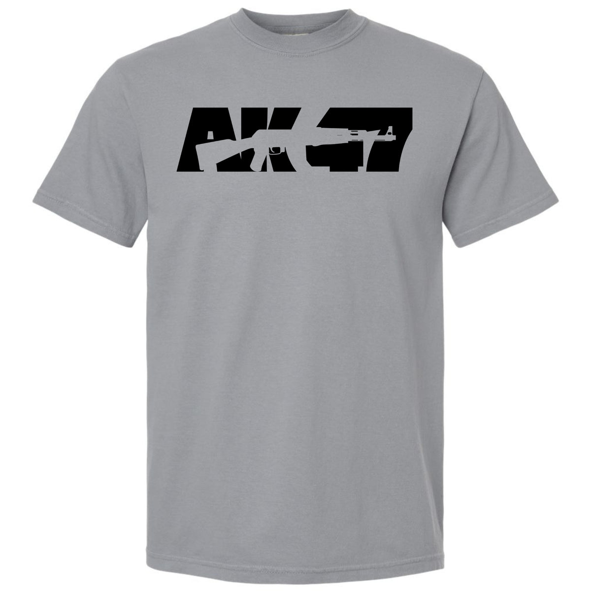 A light gray granite short-sleeve crewneck t-shirt featuring a black graphic print on the chest with the text 'AK-47' stylized as a rifle silhouette, shown against a plain white background.