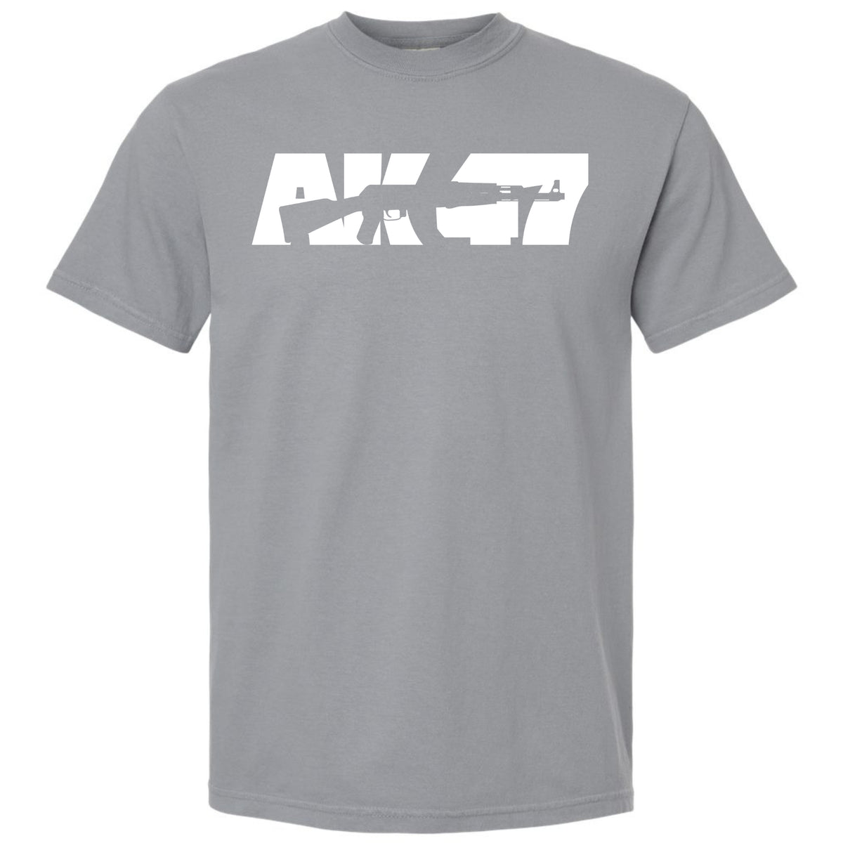 A granite gray short-sleeve crewneck t-shirt featuring a white graphic print on the chest that reads 'AK-47' in a bold stencil font, with a rifle silhouette filling the letters.