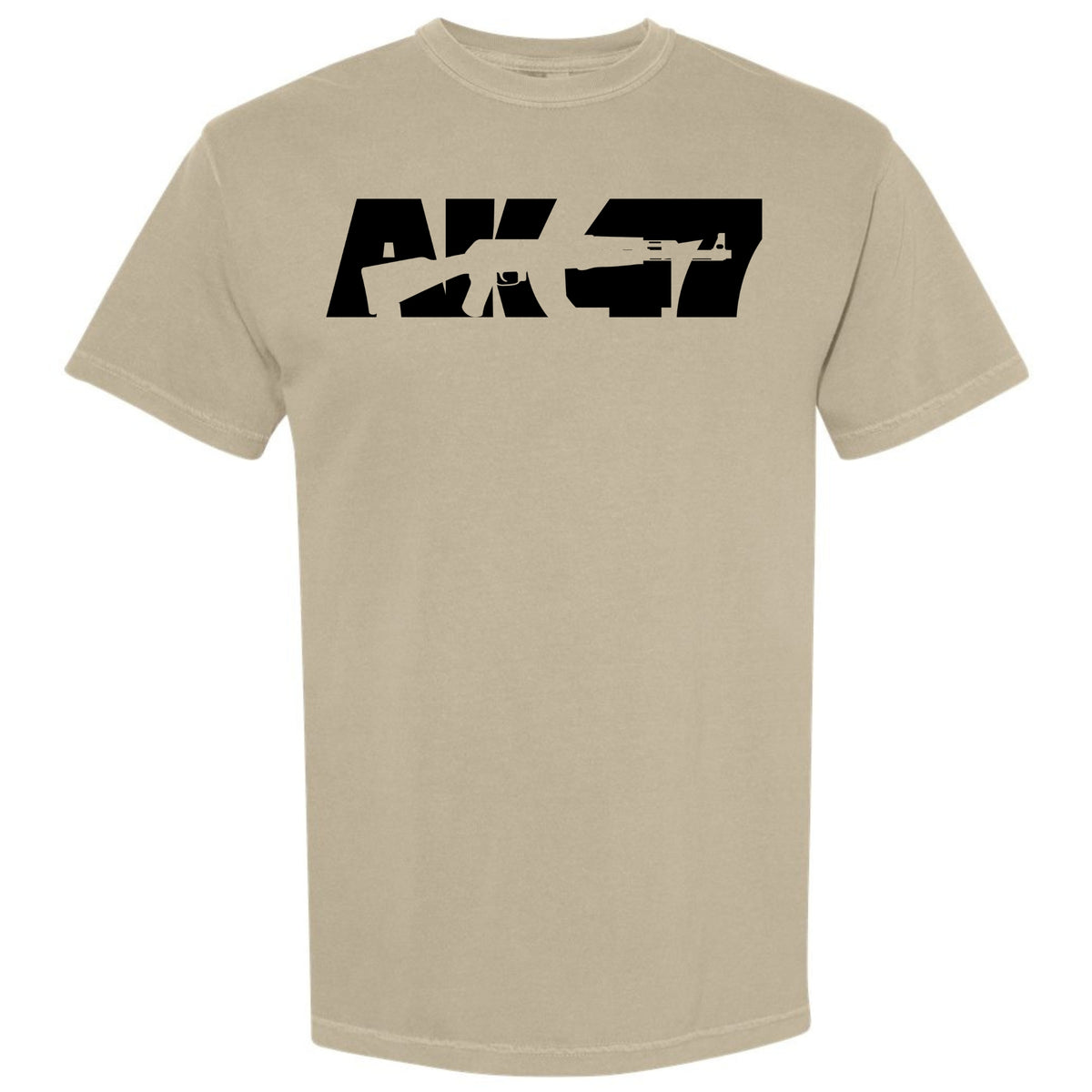 A khaki short-sleeve crewneck t-shirt featuring a bold black graphic print on the chest that spells 'AK-47' using the silhouette of a rifle.
