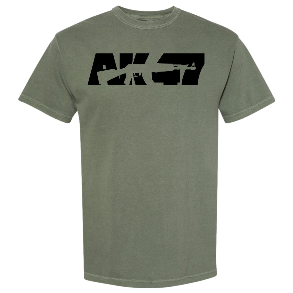 A moss olive green short-sleeve crewneck t-shirt with a black graphic print on the chest depicting the letters 'AK-47' filled with the silhouette of a rifle, shown against a plain white background.