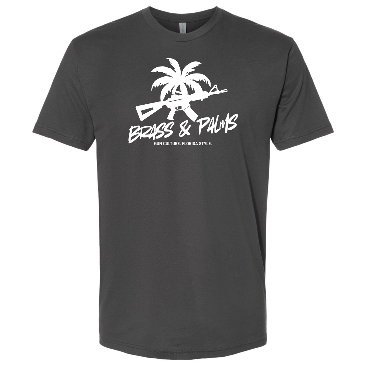 A washed black crewneck t-shirt with a black graphic on the chest featuring a palm tree, rifle, and the text 'BRASS & PALMS' and 'GUN CULTURE. FLORIDA STYLE.'.