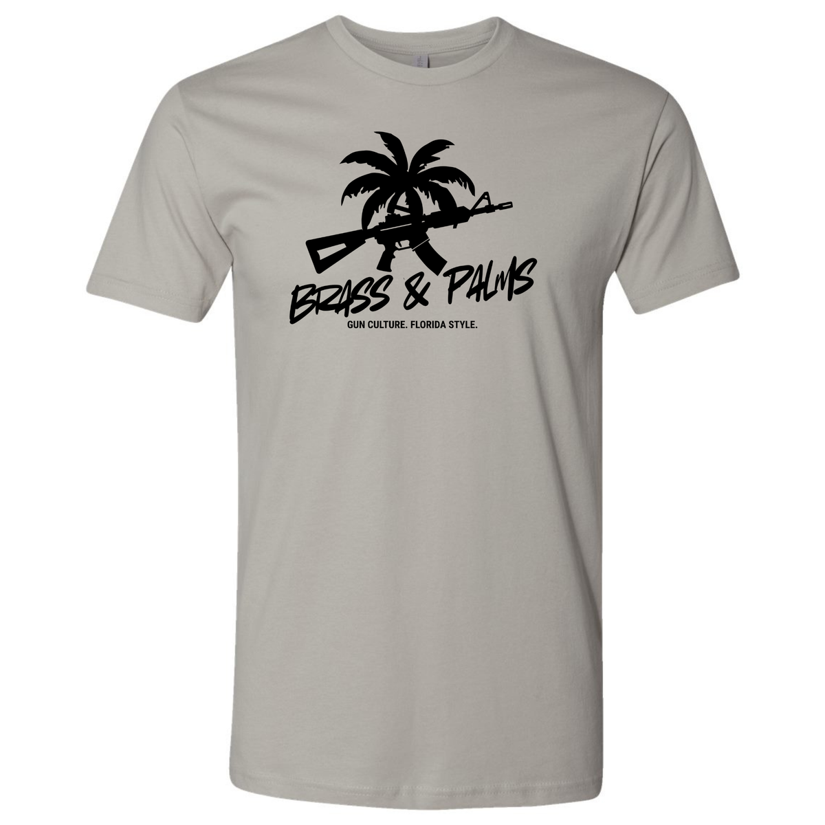 A light grey short-sleeve crewneck t-shirt with a black graphic on the chest featuring a palm tree, rifle, and the text 'BRASS & PALMS' and 'GUN CULTURE. FLORIDA STYLE.'.