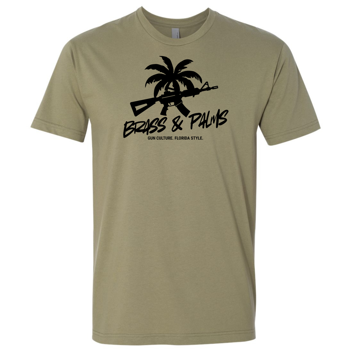 A light olive green crewneck t-shirt with a black graphic on the chest featuring a palm tree, rifle, and the text 'BRASS & PALMS' and 'GUN CULTURE. FLORIDA STYLE.'.