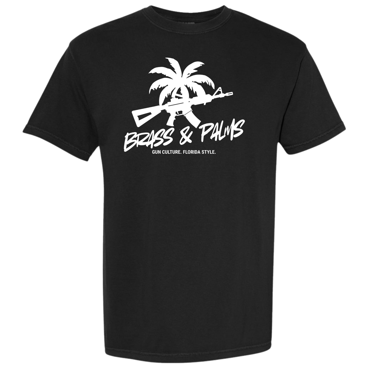 A black short-sleeve crewneck t-shirt with a white graphic print on the chest featuring a palm tree, a rifle, and the text 'BRASS & PALMS' and 'GUN CULTURE. FLORIDA STYLE.'.