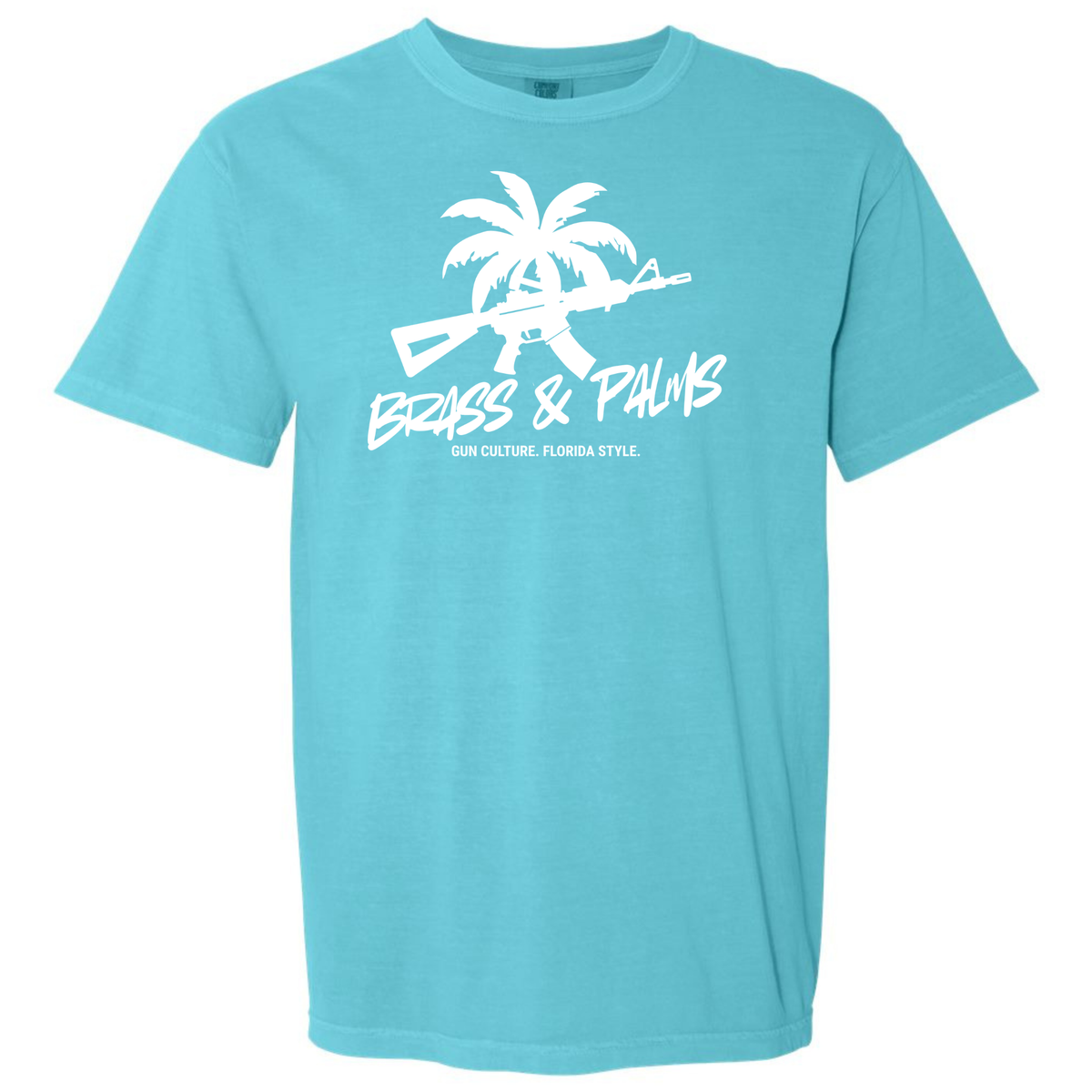A turquoise Lagoon short-sleeve crewneck t-shirt with a white graphic on the chest featuring a palm tree, a rifle, and the text 'BRASS & PALMS' and 'GUN CULTURE. FLORIDA STYLE'.