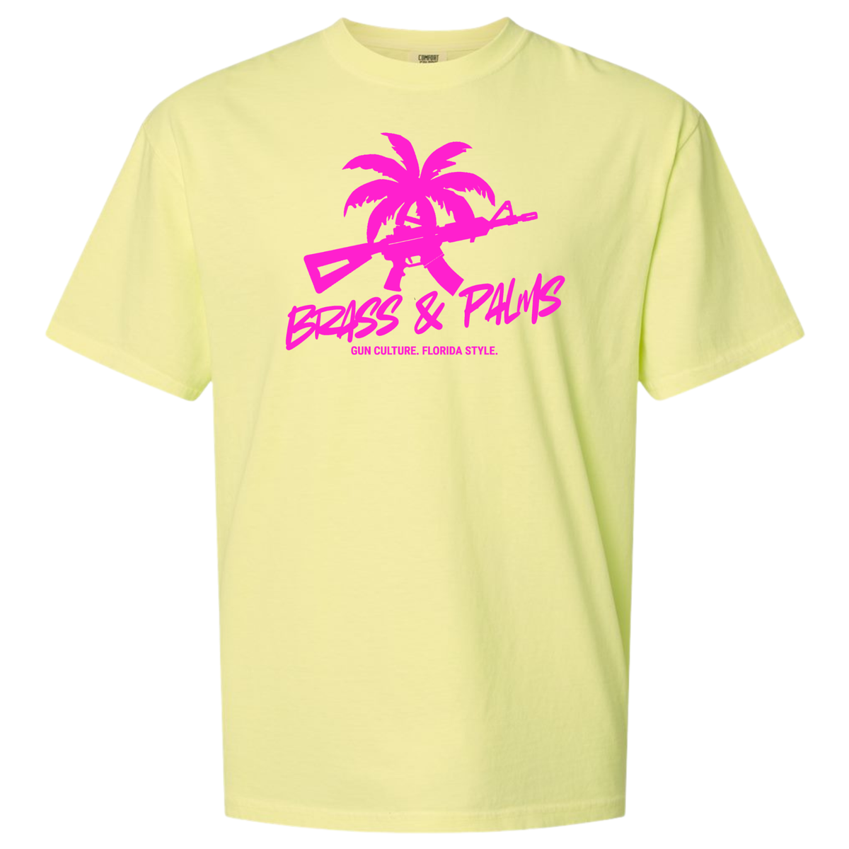 A Neon Lemon yellow short-sleeve crewneck t-shirt with a bright pink graphic on the chest featuring a palm tree silhouette, a rifle, and the text 'BRASS & PALMS' and 'GUN CULTURE. FLORIDA STYLE'.
