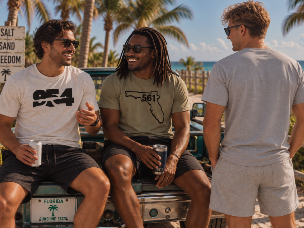 Three men wearing casual beachwear stand by a vintage car on a sunny beach with palm trees and the ocean in the background. One man wears a white graphic T-shirt with '954', another wears an olive green graphic T-shirt with '561' and a Florida outline, and the third wears a light gray T-shirt and shorts.