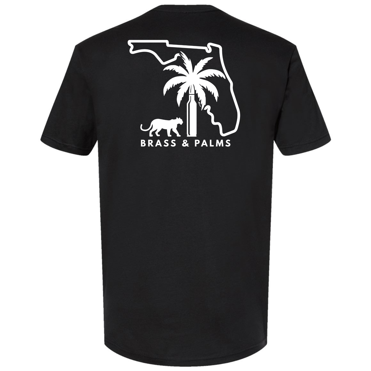 A black Florida gun culture T-shirt with a white Florida state outline, palm tree, bullet, and panther Brass & Palms graphic on the back.